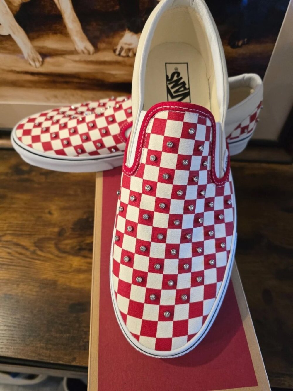 VANS Classic Slip-On Rhinestone Shoes Checkerboard Red/White VN000D6YIZQ Mens 12